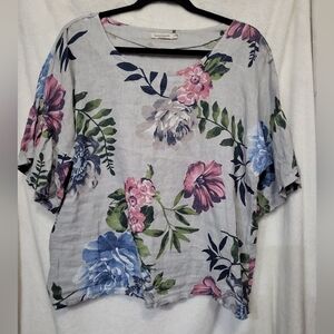 Laura Bianchi Blouse Womens Size L 100% Linen Gray Floral Bell Sleeve Italy